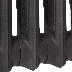 Close-up of the lower sections of a plain Mercury 2 column cast iron radiator in a textured dark charcoal finish, showing the joining hubs.