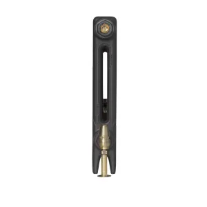 End view of a plain Mercury 2 Column 460mm cast iron radiator in a black finish, with a brass valve and pipe at the base, on white.