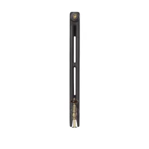 Side view of a Mercury 2 Column 760mm cast iron radiator in a dark grey finish, with a brass valve with wooden head fitted at the base.