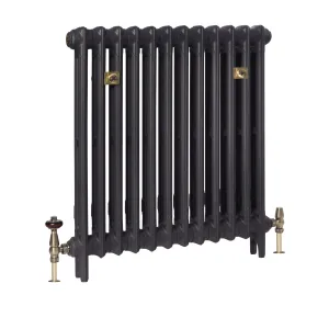 Plain Mercury 2 column 760mm cast iron radiator on feet in a dark metallic finish, with antique brass valves and brass fixings, on white.