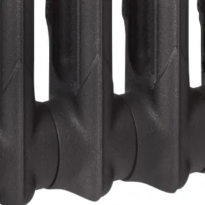 Close-up of the lower sections of a plain Mercury cast iron radiator in a dark grey textured finish on a white background.