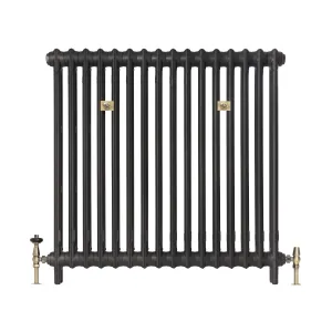 Plain Mercury 2 Column 960mm cast iron radiator on feet in dark grey, with brass wall stays, a thermostatic valve and a lockshield valve.