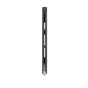 Side view of a Mercury 2 column 960mm cast iron radiator in a dark grey finish, with a brass valve at the base, on a white background.