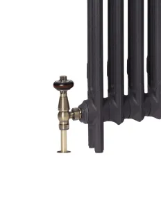 Lower corner of a plain Mercury cast iron radiator on feet in a dark grey finish, with an aged brass thermostatic valve and dark wooden head.