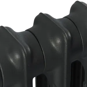 Close-up of the plain, rounded sections of a Mercury cast iron radiator in a dark charcoal grey textured finish on a white background.