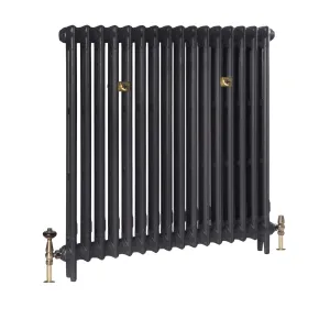 A plain Mercury 2 Column 960mm cast iron radiator on feet in a dark graphite finish, with brass wall stays and antique brass valves.