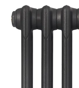 Close-up of the top of a plain Mercury 3 Column cast iron radiator in a textured dark grey finish, with a blanking plug on the end section.