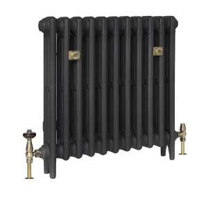 Plain Mercury 3 column cast iron radiator on feet in a dark grey finish, with antique brass thermostatic valves and wall stays.