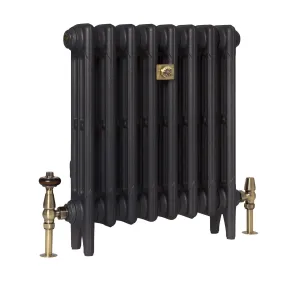 Mercury 3 Column 560mm plain cast iron radiator on feet in a textured dark grey finish, with brass valves at each end, on white.