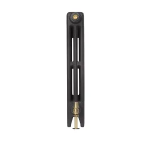 End view of a plain Mercury 3 Column 660mm cast iron radiator in a black finish, with a brass bleed plug and brass valve, on white.