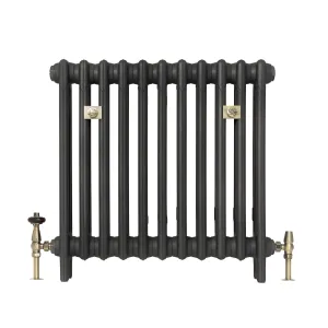 Plain Mercury 3 column 660mm cast iron radiator on feet in a dark graphite finish, with brass valves and two brass wall stays.