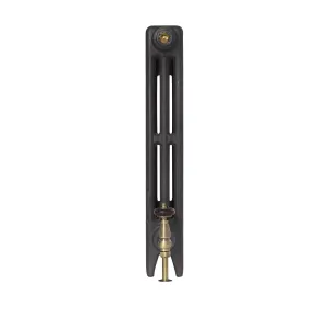 End-on view of a plain Mercury 3 column 660mm cast iron radiator in a dark grey finish, with a brass valve and brass bleed valve.
