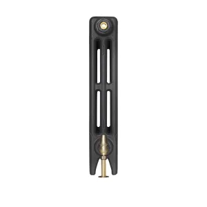 Side view of a plain Mercury 3 column 560mm cast iron radiator in a textured black finish with a brass bleed plug and brass valve.