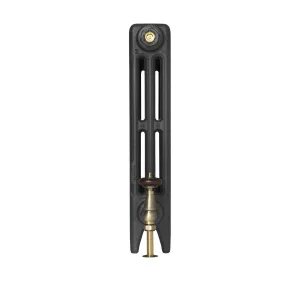 End view of a plain Mercury 3 Column 560mm cast iron radiator in a textured black finish on feet, with a brass valve and top bleed plug.