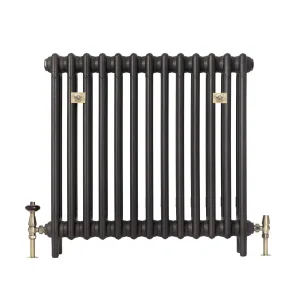 Plain Mercury 3 column cast iron radiator on feet in a dark metallic finish, with antique brass valves and wall stays, on white.