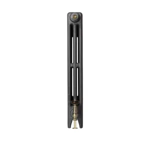 End view of a plain Mercury 3 Column 760mm cast iron radiator on feet in a dark grey finish, with a brass valve and brass bleed valve.