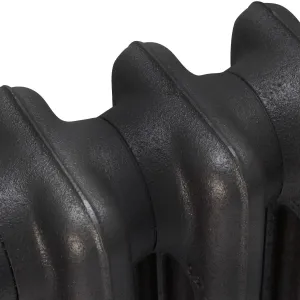 Close-up of the rounded tops of a plain Mercury cast iron radiator's columns in a textured dark graphite finish on a white background.