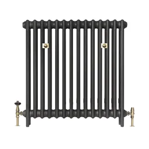 Plain Mercury 3 Column 860mm cast iron radiator in dark grey on feet, with brass wall stays and antique brass valves at each end.