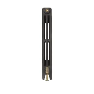 Side view of a plain Mercury 3 Column 760mm cast iron radiator in a dark grey finish, with a brass valve at the base and a brass bleed plug.