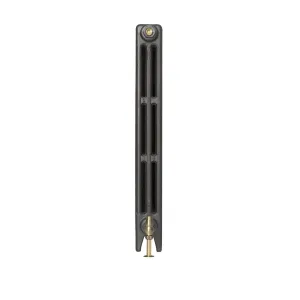 End view of a plain Mercury 3 Column 860mm cast iron radiator on feet in a dark grey finish, with a brass valve and bleed valve.