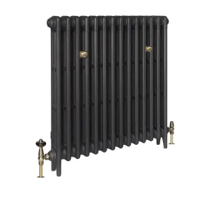 Plain Mercury 3 column cast iron radiator on feet in a dark grey finish, with brass wall stays and angled brass valves at each end.