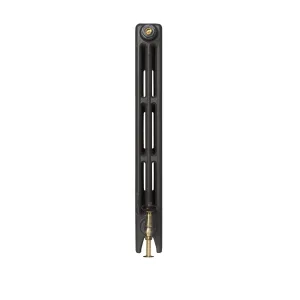 Side view of a plain Mercury 3 Column 860mm cast iron radiator on feet, dark grey finish, with a brass valve and brass bleed fitting.