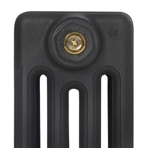 Close-up of the top of a plain Mercury 4 Column cast iron radiator in a textured black finish, with a brass bleed valve in a Castrads end plug.