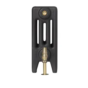 End view of a plain four-column Mercury 360mm cast iron radiator in a black finish on feet, with a brass valve and bleed plug.