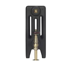 End view of a plain Mercury 4 Column 360mm cast iron radiator on feet in a black finish, with an antique brass valve with wooden head.