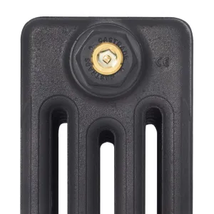 Close-up of the top of a plain Mercury 4 column cast iron radiator in dark grey, with a Castrads-branded end plug and brass bleed valve.