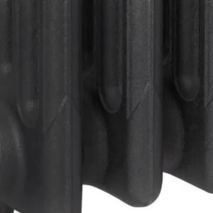 Close-up of the lower sections of a Mercury 4 Column cast iron radiator in a dark textured black finish on a white background.