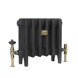 Low six-section Mercury 4 Column 360mm cast iron radiator in textured dark grey on feet, with antique brass valves and a decorative brass plaque.