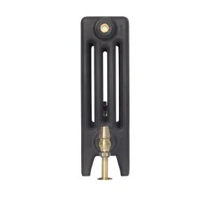 End view of a plain Mercury 4 Column 460mm cast iron radiator on feet in a dark textured finish, with a brass valve below.