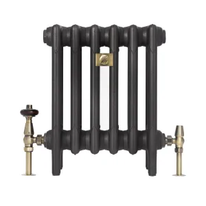 Plain Mercury 4 Column 460mm cast iron radiator on feet in a textured dark grey finish, with antique brass valves and a brass badge.