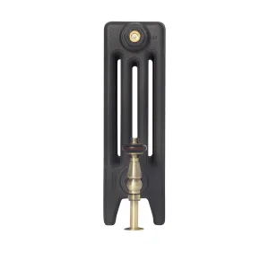 End view of a plain Mercury 4 Column 460mm cast iron radiator in a dark textured finish, on feet, with an antique brass valve.