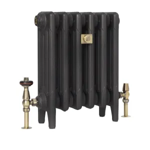 Plain six-section Mercury 4 column cast iron radiator on feet in a dark textured finish, with antique brass valves and a brass bee badge.
