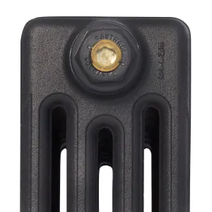 Close-up of the top of a plain Mercury 4 Column cast iron radiator section in a textured dark grey finish, with a Castrads brass-centred plug.