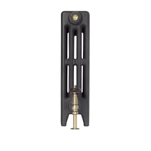 End view of a plain Mercury 4 Column 560mm cast iron radiator on feet in a dark iron finish, with an antique brass valve and brass bleed plug.