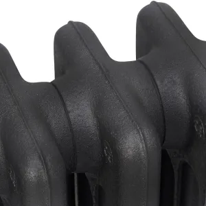 Close-up of the top of plain Mercury cast iron radiator sections in a textured dark grey finish, showing rounded columns and joining nipples.