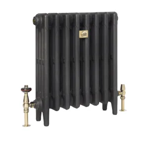 Plain Mercury 4 column cast iron radiator on feet in a dark textured metallic finish, with antique brass valves and a square brass plaque.