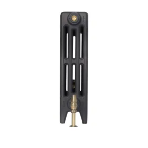 End view of a plain Mercury 4 column cast iron radiator on feet in a dark grey finish, with a brass valve and vertical pipe below.