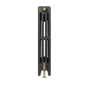 End view of a plain Mercury 4 column 760mm cast iron radiator on feet in a dark graphite finish, with a brass valve and bleed plug.