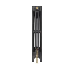End view of a plain Mercury 4 Column 760mm cast iron radiator in a dark finish on feet, with a brass valve and brass bleed plug, on white.