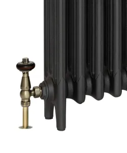 Close-up of a plain Mercury 4 Column cast iron radiator on feet in a dark graphite finish, with an antique brass thermostatic valve and wooden head.