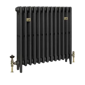 Plain Mercury 4 column cast iron radiator on feet in a dark textured finish, with antique brass valves and square wall stays, on white.