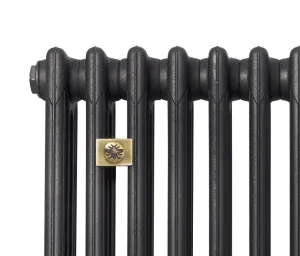 Close-up of the top of a plain Mercury 4 column cast iron radiator in a dark textured finish with a brass bee badge, on a white background.
