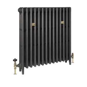 Plain Mercury 4 column cast iron radiator on feet in a dark metallic grey finish, with two brass wall stays and brass angled valves.