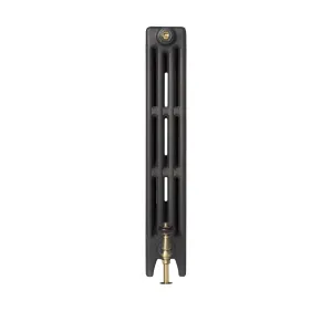 Side view of a plain Mercury four-column cast iron radiator in a dark graphite finish with a brass valve and wooden head, on white.