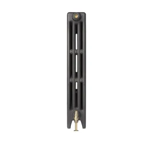 End view of a plain Mercury 4 Column 860mm cast iron radiator on feet in a dark grey finish, with a brass valve and bleed plug, on white.