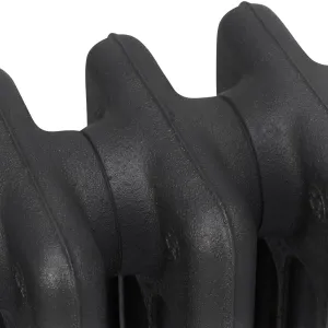 Close-up of the rounded tops of plain Mercury cast iron radiator sections in a textured matt black finish, showing the joins between sections.